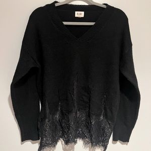 BiBi Black V Neck Lace Bottom Trim Long Sleeve Sweater Size Medium